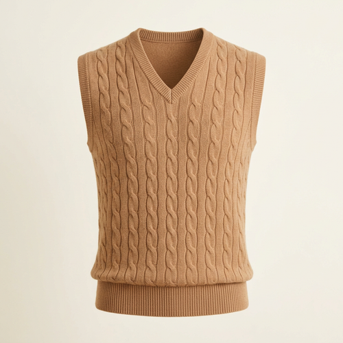 Illustrative image of a men's camel sweater vest